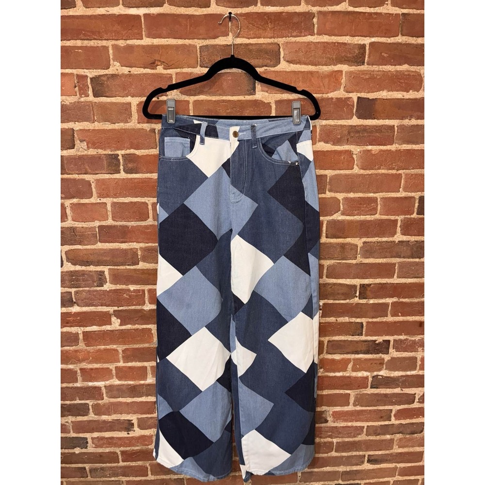 Blue White Diamond Pattern Wide Leg Jeans